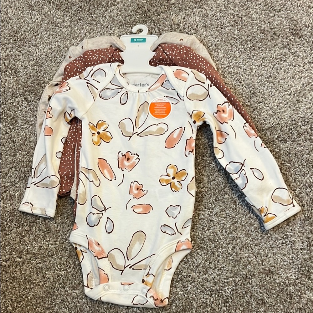 Carter's White and Brown Floral and Heart 3pk Long Sleeve Bodysuit Baby size 3M